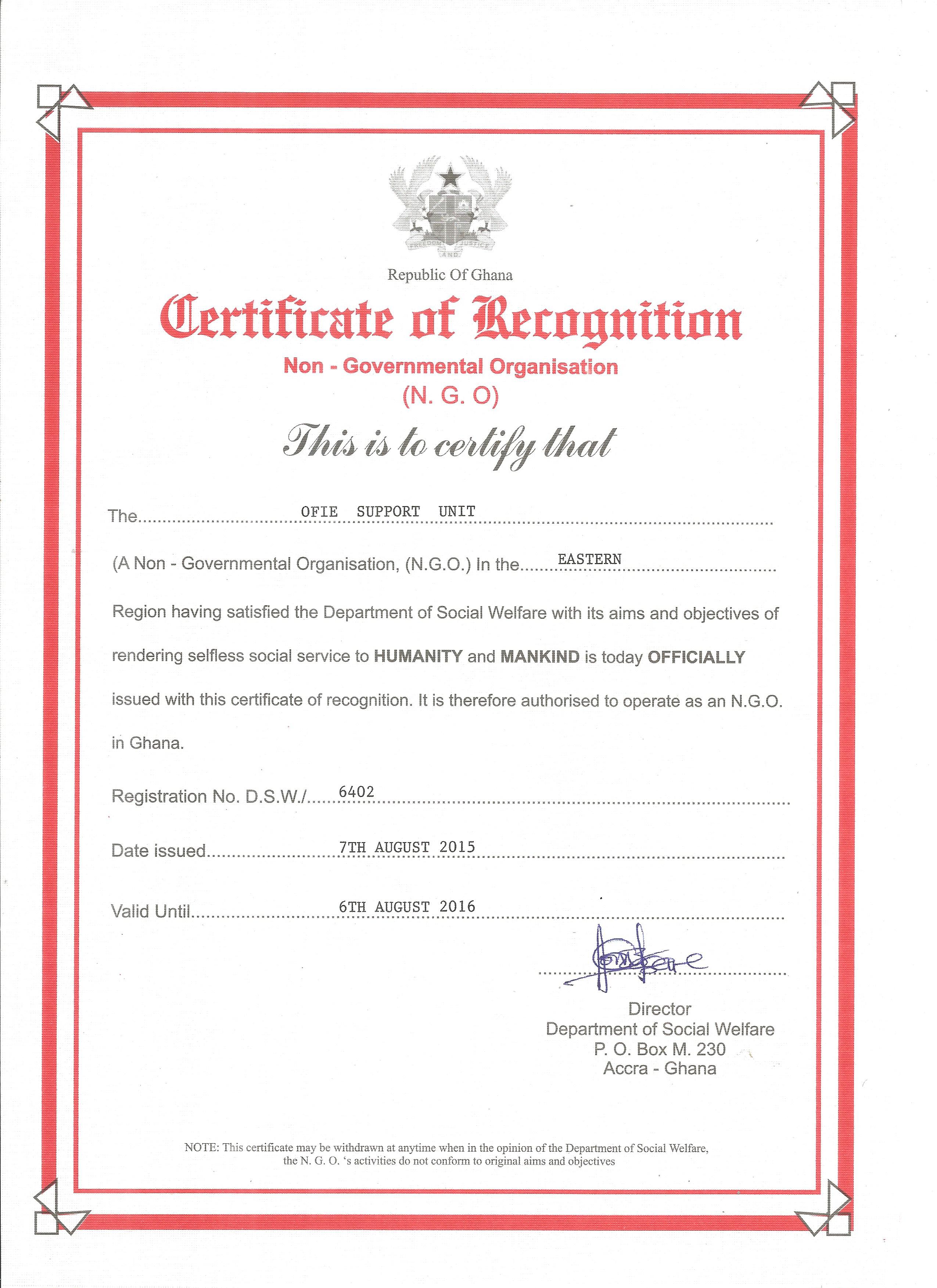 Registration No. D.S.W./ 6402 (Department of Social Welfare – Republic of Ghana) 2015/16
